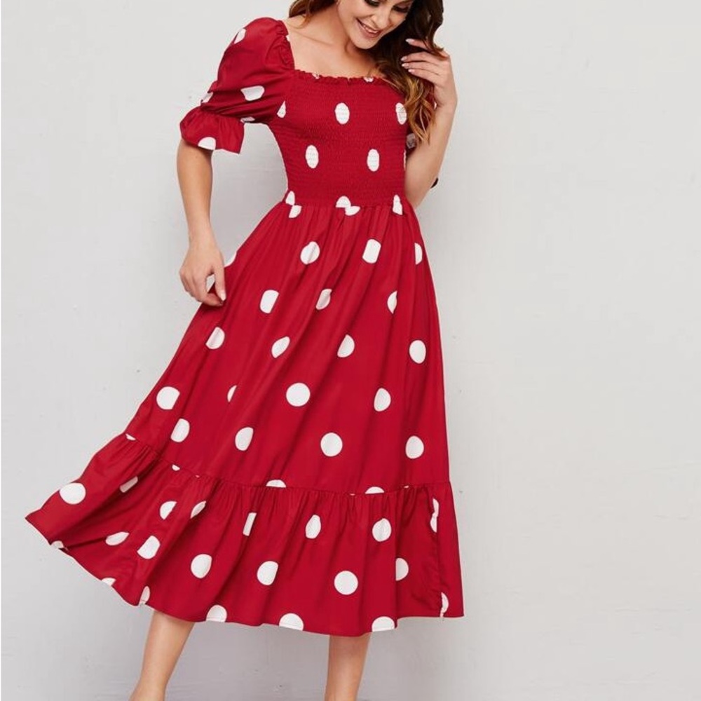 Red Polka Dot Midi Dress with Smocked Bodice